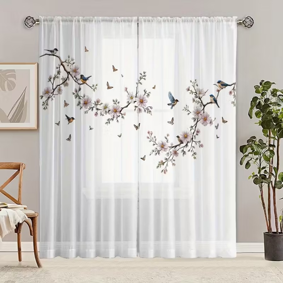 2PCS Digital Print Sheer Curta - Bonsai Garden Decor ulasan dan harga